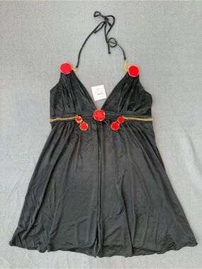Express Black Y2K Halter Mini Dress Medium Red Gold Disc Detail NWT